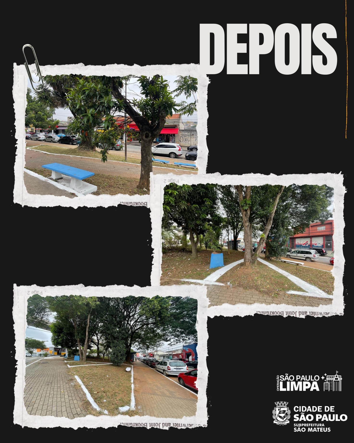 #PraCegoVer: Imagem é uma montagem com três fotos mostrando como está a praça José Virgílio Nogueira Versoni após o mutirão de zeladoria. O mato está cortado, as guias estão pintadas de branco e os bancos estão pintados de azul claro.