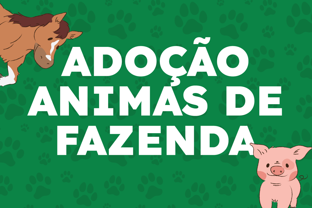 Pra Todos Verem: Banner com fundo verde e estampas de pegadas de patas. No centro, o texto “ADOÇÃO ANIMAIS DE FAZENDA” em letras brancas e grandes. No canto superior esquerdo, aparece parcialmente um cavalo ilustrado de cor marrom-clara. No canto inferior direito, aparece parcialmente um porco ilustrado na cor rosa. A arte divulga a adoção de animais de fazenda.