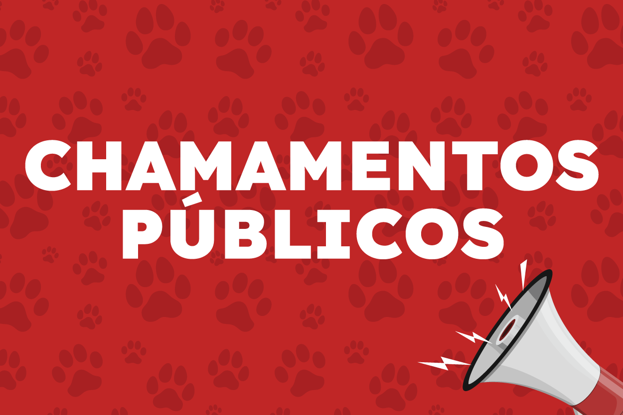 Pra Todos Verem: Banner com fundo vermelho e estampas de pegadas de patas. No centro, o texto “CHAMAMENTOS PÚBLICOS” em letras brancas e grandes. No canto inferior direito, aparece a ilustração de um megafone emitindo sinais sonoros. A arte divulga a seção de chamamentos públicos relacionada a ações e oportunidades voltadas à causa animal.