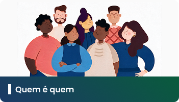 Pra Todos Verem: Card com ilustração de um grupo de pessoas reunidas. As figuras apresentam diferentes características físicas, estilos de cabelo, roupas e acessórios, representando diversidade e trabalho em equipe. A composição sugere identificação de profissionais, equipes ou áreas de atuação dentro de uma organização. Na faixa inferior em degradê azul e verde, está o texto: “Quem é quem”.