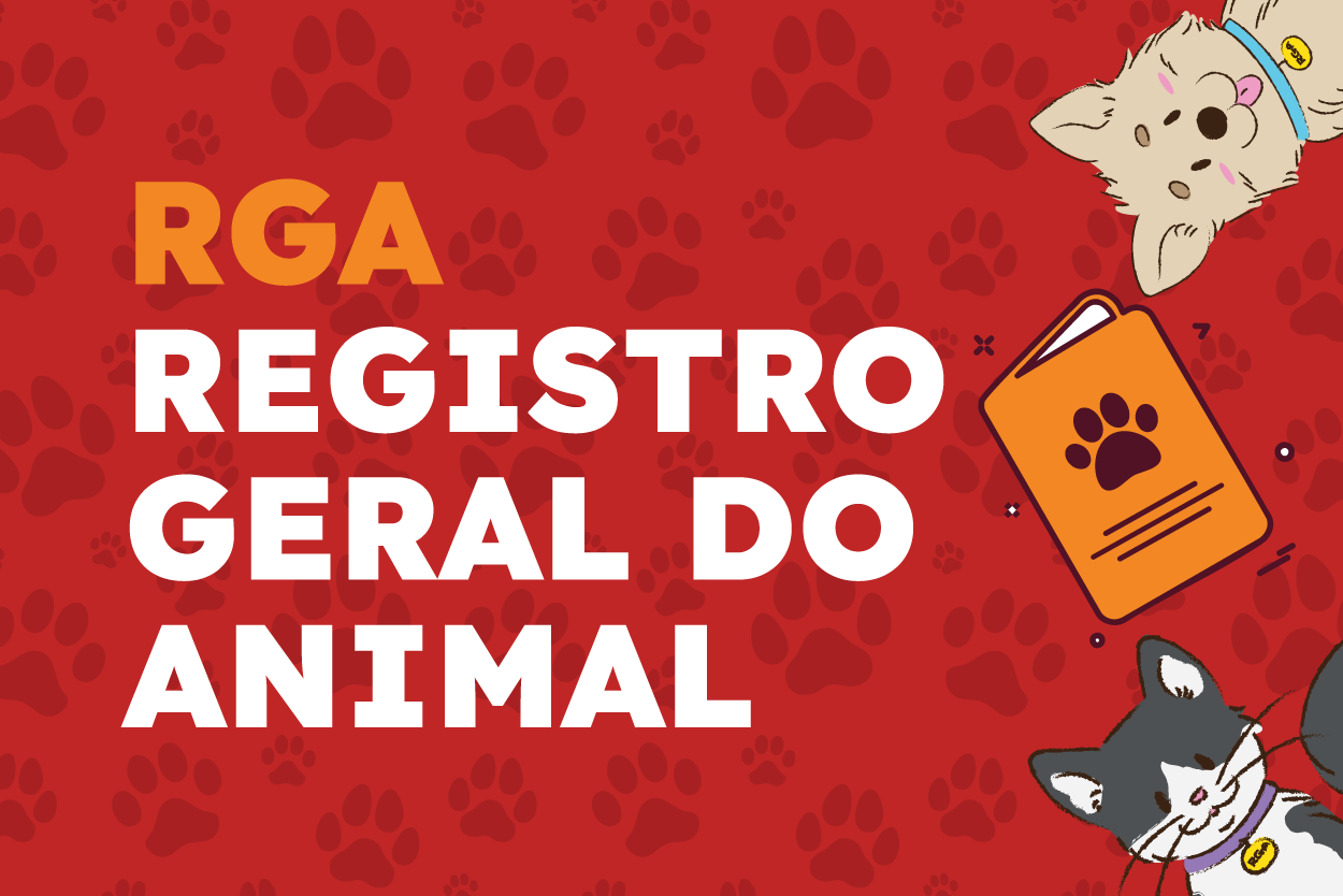 Pra Todos Verem: Banner com fundo vermelho e estampas de pegadas de patas. No centro, o texto “RGA REGISTRO GERAL DO ANIMAL”, com a sigla “RGA” em laranja e as demais palavras em branco. À direita, há a ilustração de um documento laranja com símbolo de pegada. No canto superior direito, aparece parcialmente um cão ilustrado de cor clara com coleira azul. No canto inferior direito, aparece parcialmente um gato ilustrado nas cores cinza e branco com coleira roxa. A arte divulga o Registro Geral do Animal (RGA).