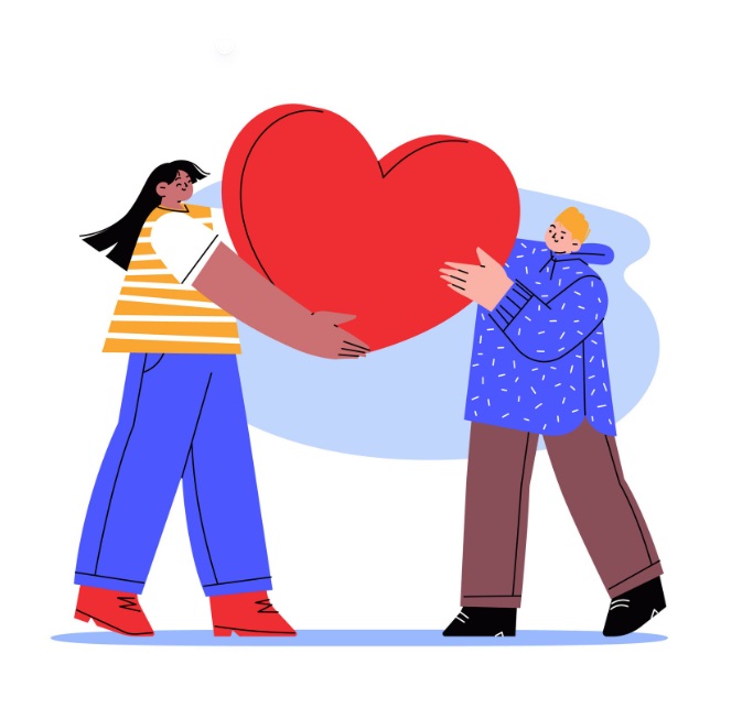 A imagem é um desenho de duas pessoas carregando um coração, cada uma de um lado. 