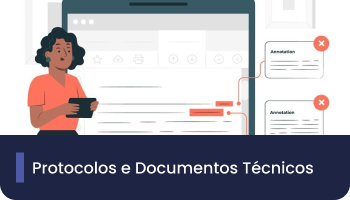 A imagem possui uma ilustração de uma personagem segurando um aparelho eletrônico e ao fundo, telas e documentos. 