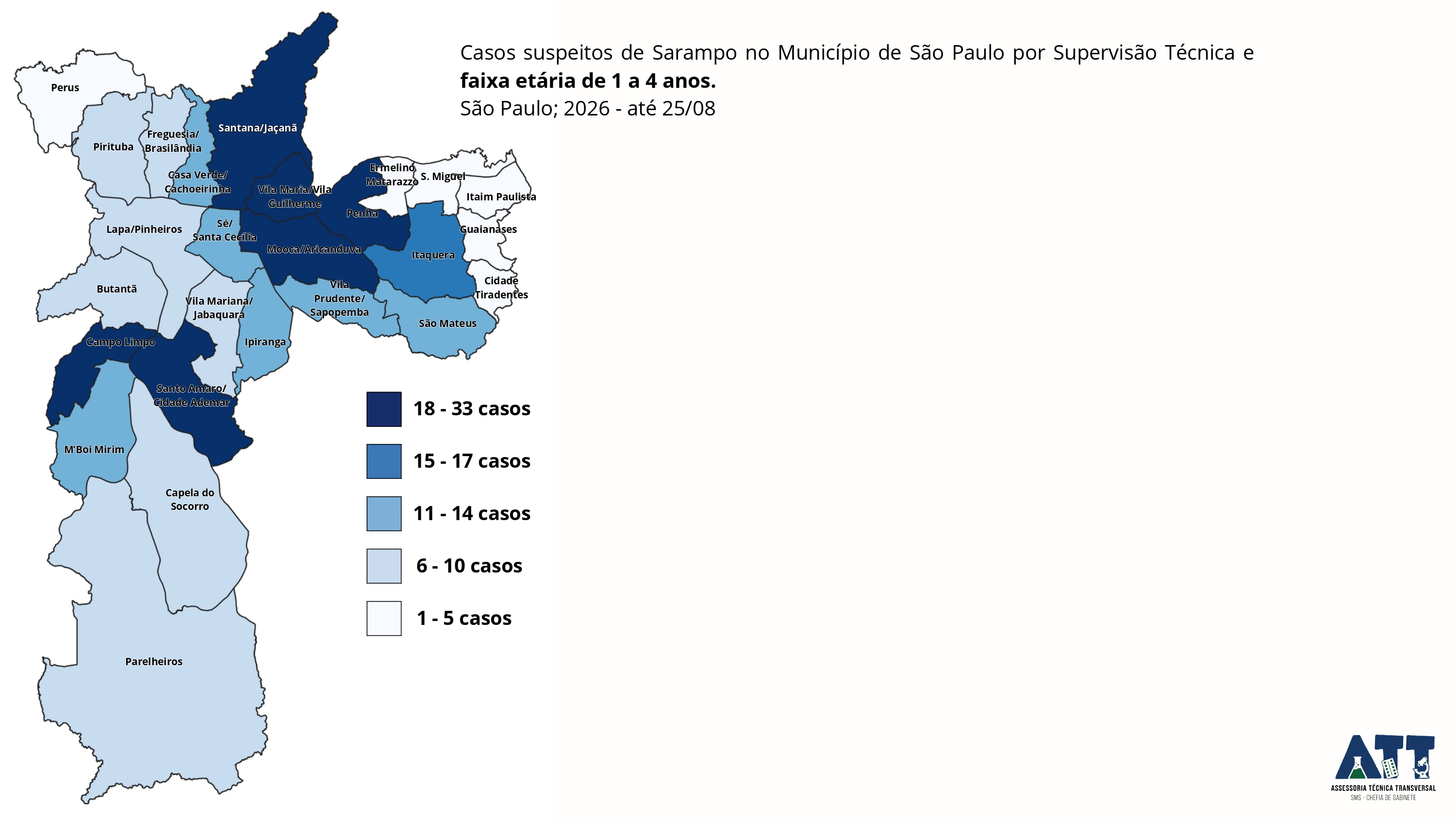 Casos suspeitos de sarampo na faixa etária de 1 a 4 anos, até 25 de agosto de 2026