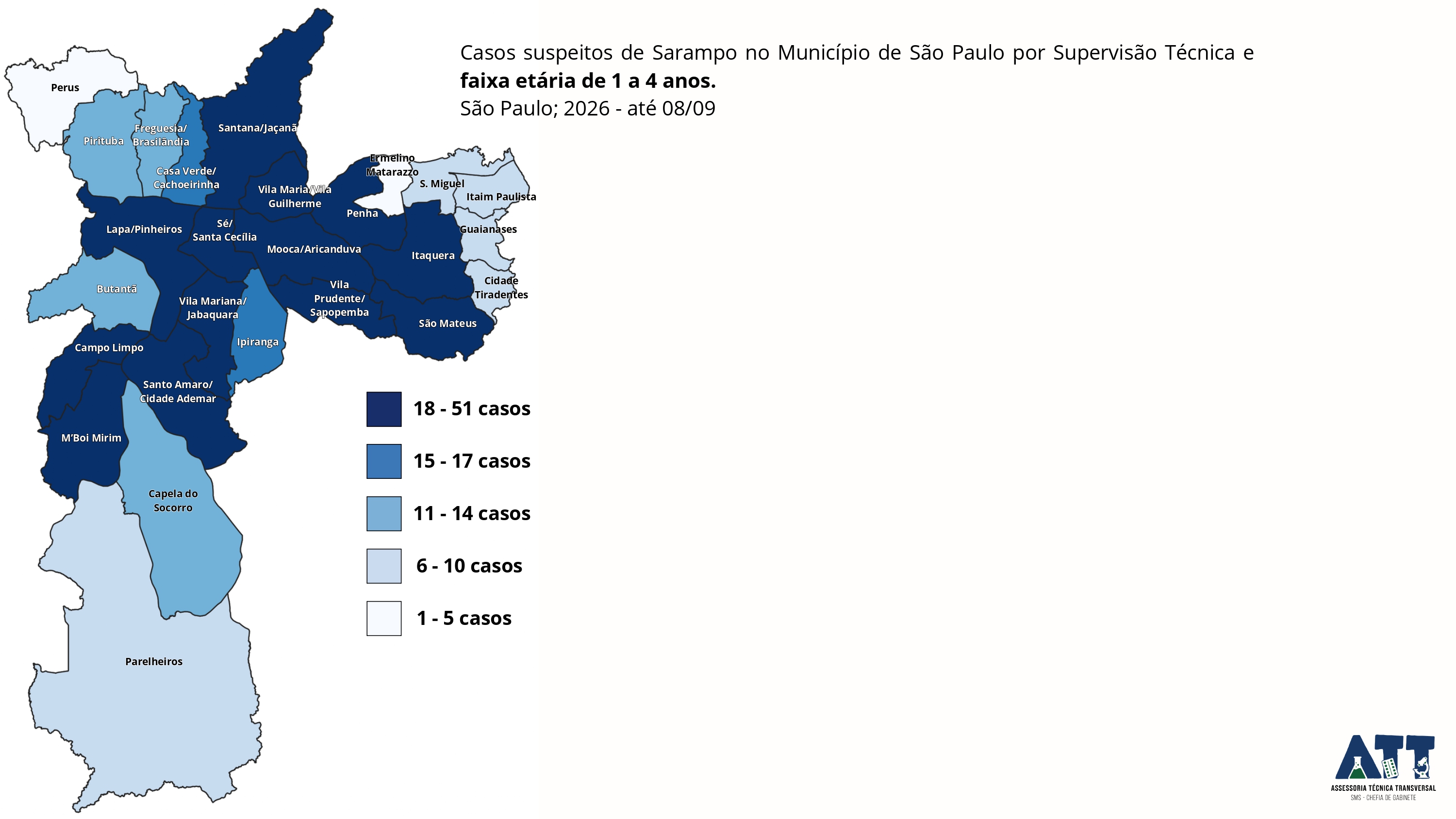 Casos suspeitos de sarampo na faixa etária de 1 a 4 anos, até 8 de setembro de 2026