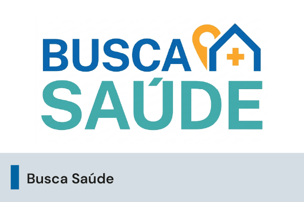 A imagem possui o fundo branco, com o logo do Busca Saúde em verde e azul, acompanhado pro elemento gráfico simbolizando uma casa e um ponto de encontro. 