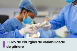 A imagem mostra profissionais de saúde vestindo um avental cirúrgico azul claro, mãos com luvas segurando bisturi, com texto 