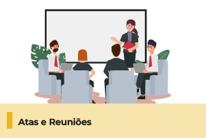 A imagem mostra uma ilustração de pessoas sentadas reunidas em uma sala de reunião, abaixo uma faixa com o texto 