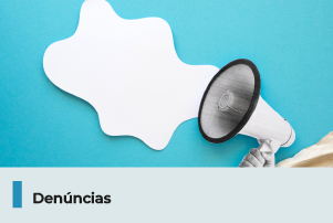 A imagem possui um fundo azul com um megafone branco. Abaixo, uma faixa com o texto 