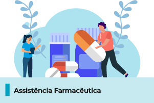 A imagem possui uma ilustração de medicações e pessoas. Abaixo, uma faixa com o texto 