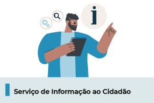 A imagem possui um fundo branco com uma ilustração de um homem vestindo blusa azul e balões com ícones informativos ao redor. Abaixo, uma faixa com o texto 