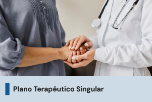 A imagem mostra uma paciente e uma médica de mãos dadas. Abaixo, possui uma faixa em azul claro descrito 