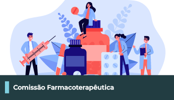 A imagem possui uma ilustração de pessoas com conteúdos farmacêuticos. Abaixo uma faixa com o texto 