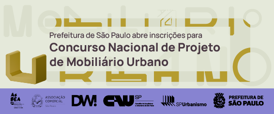 Letras estilizadas formando mobiliário urbano em um fundo bege. Na parte inferior uma faixa lilás com os logos das entidades, empresas e orgãos participantes do concurso. Texto: Prefeitura de São Paulo abre inscrições para Concurso Nacional de Projeto de Mobiliário Urbano