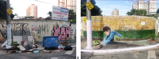 O díptico fotográfico apresenta um contraste visual entre o abandono e a revitalização de um espaço urbano, capturando a transformação de um muro de rua.  No lado esquerdo (antes), a cena é marcada pela degradação: um muro extenso está inteiramente coberto por pichações e grafites. No alto, uma placa de "Vende-se Terreno" se destaca. Em frente ao muro, acumula-se uma quantidade significativa de lixo e entulho, incluindo um lixo-container azul, restos de madeira e sacos, sobre uma calçada suja. Um poste de iluminação e sinalização está à esquerda.  No lado direito (depois), o mesmo local foi completamente transformado. O muro agora exibe um mural artístico vibrante que simula uma parede de tijolos e que retrata um menino agachado em atitude de cuidado, plantando ou manejando uma pequena muda de planta que está em um vaso na calçada. Uma frase está pintada ao lado da criança, sugerindo uma reflexão sobre a consciência. Toda a área da calçada foi limpa, e pequenos vasos de plantas decoram a base do mural. A presença do mesmo poste e a paisagem de prédios altos ao fundo confirmam que se trata da mesma localização após uma intervenção de arte e limpeza.