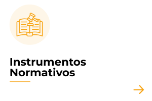 A imagem apresenta um card com fundo branco. No canto superior esquerdo, há um ícone laranja de um livro aberto com um martelo, dentro de um círculo em tom bege-claro. Abaixo, aparece o texto “Instrumentos Normativos”, em letras pretas e em duas linhas. Na parte inferior direita, há uma seta laranja apontando para a direita.