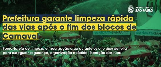  Card informativo com fundo fotográfico da Prefeitura de São Paulo. No canto superior direito, o logotipo oficial da prefeitura. Ao centro, em destaque sobre faixas horizontais azuis, o título em letras amarelas e brancas diz: 
