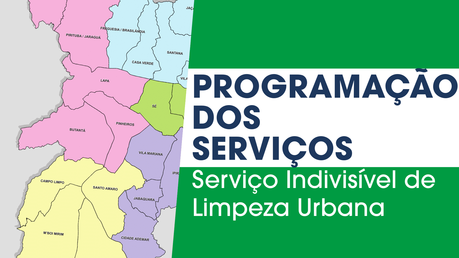 Descrição: Imagem dividida verticalmente. À esquerda, um mapa da cidade de São Paulo (ou parte dela) com as áreas divididas por cores pastel (verde-claro, rosa, roxo, amarelo, etc.), mostrando os nomes de bairros ou distritos (como Lapa, Sé, Pinheiros, Butantã). À direita, um fundo verde com uma faixa branca horizontal. O texto em azul-marinho na faixa branca é 