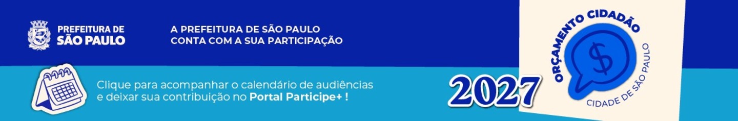Banner horizontal de fundo azul dividido em duas faixas horizontais de tonalidades diferentes.  No canto superior esquerdo, encontra-se o brasão da Prefeitura de São Paulo em branco, seguido pelo texto: 